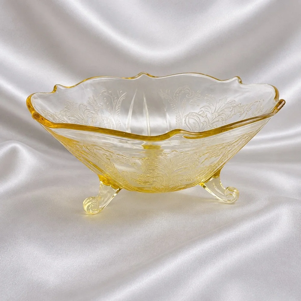 Lancaster Landrum Topaz Yellow Etched Glass 3 Footed Bowl Scalloped 8.5